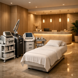 Square image of a high-end aesthetic medical clinic interior.

Foreground: Advanced laser and skin treatment machines neatly arranged beside a modern treatment chair.

Background: Minimalist luxury interior with soft beige walls, subtle gold accents, warm indirect lighting, polished floor.

Equipment looks premium and organized, not cluttered.

Atmosphere:
Clinical precision + luxury comfort.
Clean, sterile, high-tech but welcoming.

No people.
No branding.
No visible text.
Ultra-realistic, architectural photography style.
