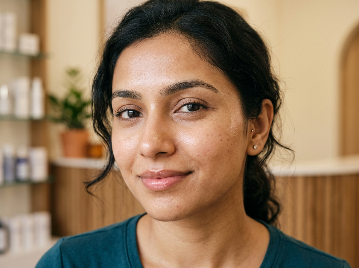 Close-up of Indian female face with natural skin texture, smooth glowing skin with subtle imperfections (realistic), soft lighting, minimal makeup, dermatology clinic background softly blurred, premium aesthetic feel, focus on skin clarity and hydration, warm neutral tones, ultra realistic, no text