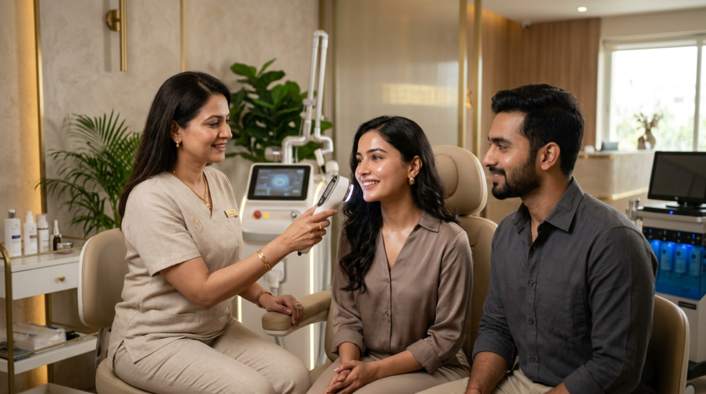 Ultra-realistic premium dermatology and aesthetic clinic scene, Indian female patient with clear glowing skin and Indian male patient with healthy skin, both in late 20s–30s, calm and confident expressions, being attended by a professional Indian female dermatologist in elegant beige/neutral medical scrubs, clinic interior minimal luxury, soft warm lighting, visible advanced equipment (laser, skin device), focus on healthy natural skin, shallow depth of field, cinematic composition, high-end medical aesthetic photography, beige gold and soft neutral color palette, no text
