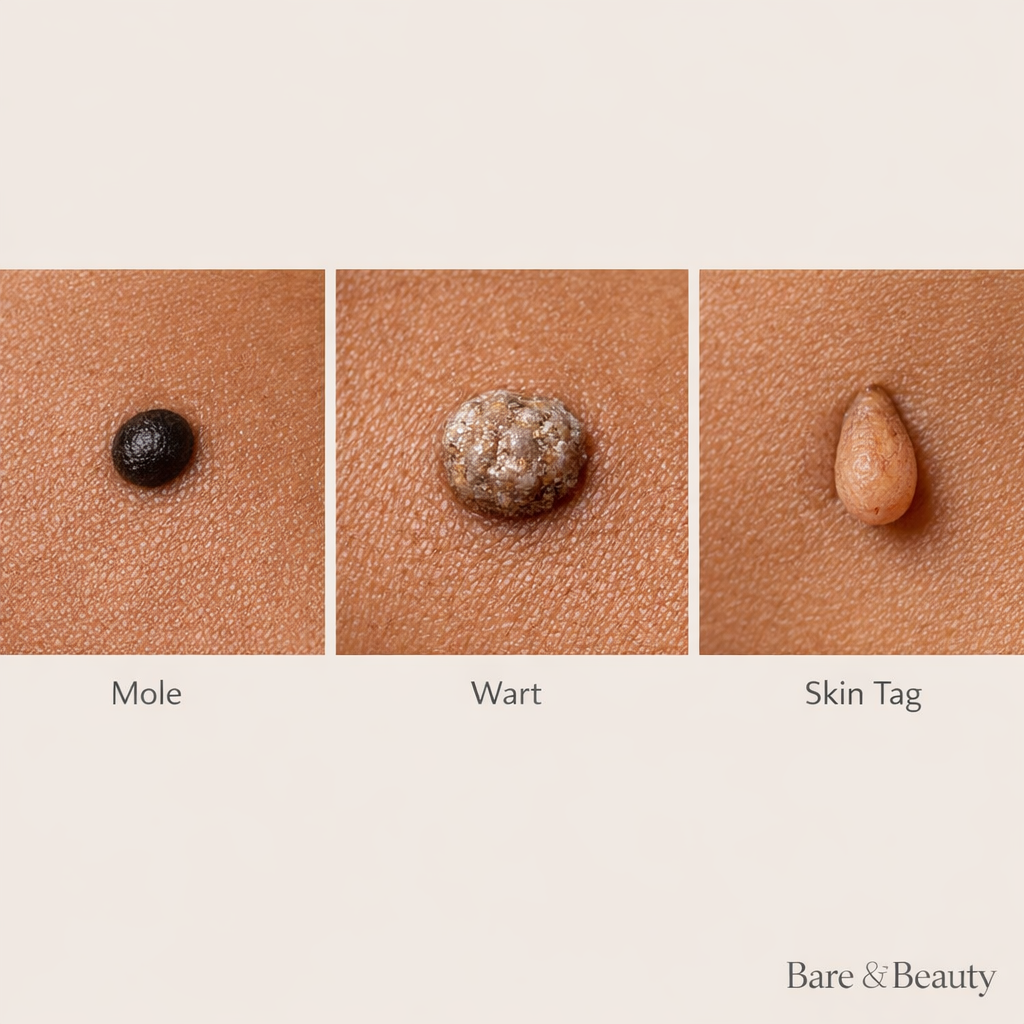 educational image of mole wart and skin tags