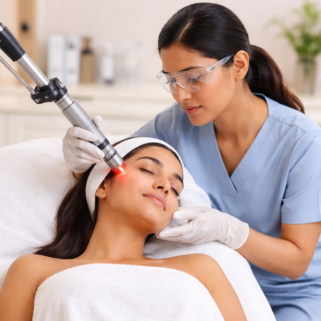 Acne treatment on a female patient at bare and beauty