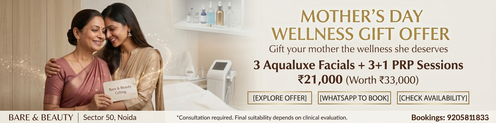 Two women hugging in a spa setting, holding a 'Bare & Beauty Gifting' card for a Mother's Day wellness offer. (informative banner)